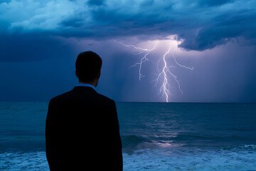 Man in suit watches powerful lightning strike over ocean horizon dramatic sky