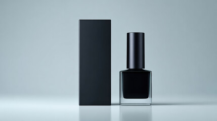 Sleek black nail polish bottle stands next to tall, slim black box, both centered against soft gray background, creating modern and elegant aesthetic