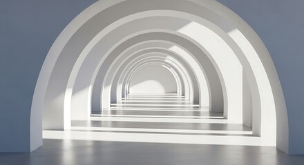 A long white corridor with arched doorways and sunlight streaming through