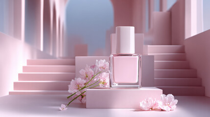 Delicate pink nail polish bottle sits elegantly on layered pink plinths, surrounded by soft cherry blossoms, creating serene and stylish atmosphere