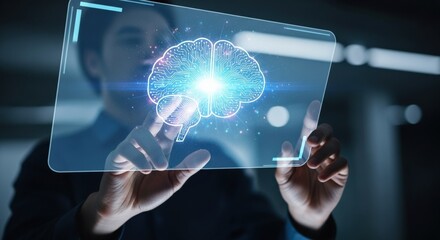Man interacting with a futuristic interface displaying a brain.