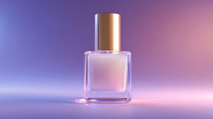Elegant view of glass bottle with golden cap, showcasing soft gradient background in shades of purple and pink. design exudes sophistication and charm, perfect for beauty products