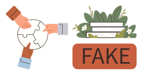 Hands aligning puzzle pieces symbolize collaboration. Next to them, books are placed amid foliage labeled FAKE. Ideal for teamwork, misinformation, problem-solving, education, critical thinking