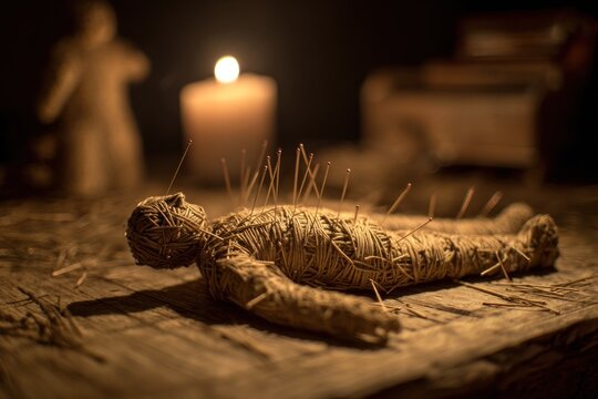 A voodoo doll resembling an adult man lies on a wooden surface, adorned with pins. The ambiance is enhanced by a flickering candle nearby, creating a mysterious atmosphere