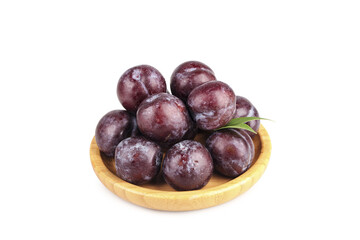 Fresh Ripe Plums in Wooden Bowl - Healthy Fruit Concept
