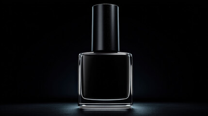 Sleek black nail polish bottle stands against dark background, showcasing its minimalist design and luxurious appeal. glossy finish reflects light, enhancing its elegant silhouette
