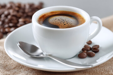 Obraz premium Savor the rich aroma of Americano coffee served in a white cup on a plate. Coffee beans are placed alongside, highlighting the drink's smooth elegance