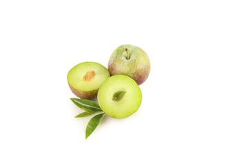 Fresh Sichuan Phoenix Plum Fruits with Green Leaves on White Background