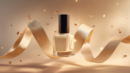 Luxurious nail polish bottle floats gracefully amidst shimmering gold confetti and elegant silk ribbons, creating captivating and sophisticated atmosphere