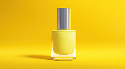 Bright yellow nail polish bottle on vibrant yellow background, showcasing modern design and glossy finish, perfect for beauty enthusiasts