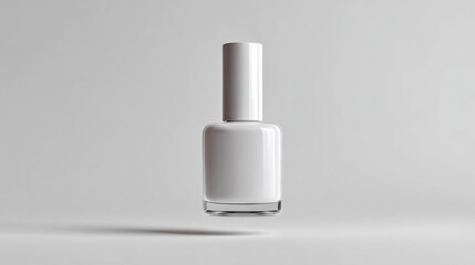 Sleek white nail polish bottle with minimalist design, showcasing clean and modern aesthetic. product appears to float against soft gray background, emphasizing its luxury and simplicity