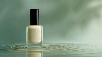 Glass nail polish bottle with black cap sits on reflective surface, creating gentle ripples in water. soft green background adds calming atmosphere to scene