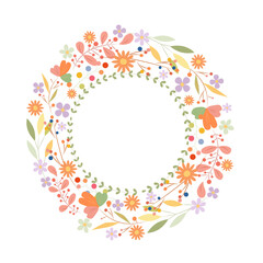 Wreath of flowers, clip art, isolated on white background. Decorative botanical hand drawn round frame, illustration.
