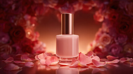 Beautiful nail polish bottle sits elegantly among delicate rose petals, creating romantic and soft atmosphere. warm background enhances blush tones, perfect for Valentine theme