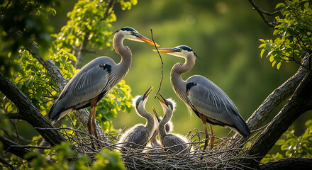 Fototapeta premium Great Blue Herons caring for their young in a lush tree nest, a powerful depiction of wildlife family bonds and nurturing