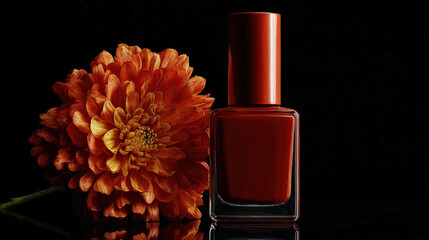 Vibrant orange flower complements sleek red nail polish bottle, creating striking visual contrast. combination evokes feelings of beauty and elegance, perfect for beauty enthusiasts