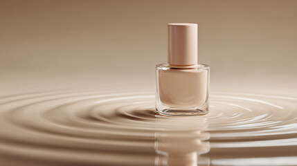 Glass nail polish bottle rests on smooth surface, surrounded by gentle ripples of water. soft beige color of polish complements serene atmosphere, creating calming and elegant visual