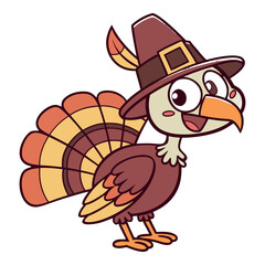 Cute Cartoon Turkey Bird Vector | Pilgrim Hat Kids Thanksgiving Illustration