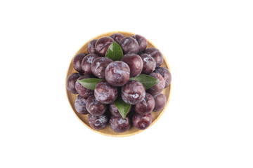Fresh Purple Plums in Wooden Bowl on White Background - Healthy Organic Fruit