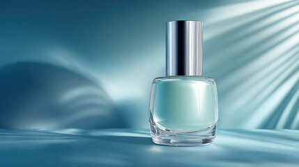 Sleek glass nail polish bottle with silver cap sits elegantly against soft blue background, showcasing calming mint green shade. gentle light creates serene atmosphere, enhancing product appeal