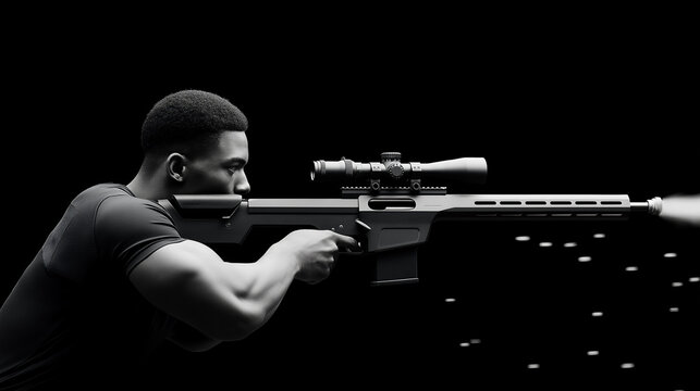 A shooter aims at a moving target in an advanced range with tracks whirring clay pigeons launching dust swirling and a coach shouting tips depicted in a dynamic photo with