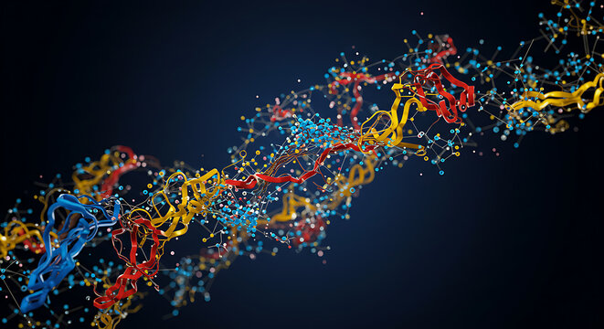 Molecular Abundance: A dazzling depiction of a molecular structure, showcasing a vibrant array of colors and intricate formations. Perfect for science and tech concepts.