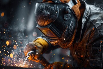 A skilled welder is focused on a metal piece in a workshop, working in low light. Sparks fly around as the welder uses a welding tool, highlighting precision and craftsmanship