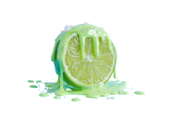 Lime slice dripping with a green liquid, salt on top