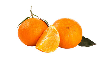 Fresh Ehime Oranges with Slice and Leaves Isolated on White Background