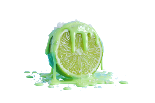Lime slice dripping with a green liquid, salt on top
