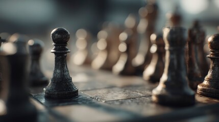 Focused View of Pawns on Chessboard in Cinematic Mood.