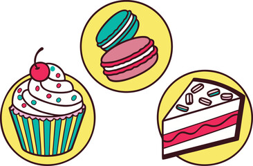 Sweet Treats: Cupcake, Macarons, and Cake Slice Illustrations on Yellow Circles vector Illustration