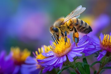 Close-up of honey bee pollinating purple flower in spring garden