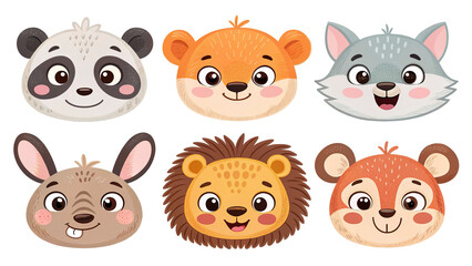 Obraz premium Cute animal face collection, playful hand-drawn characters with charming details, isolated transparent background.