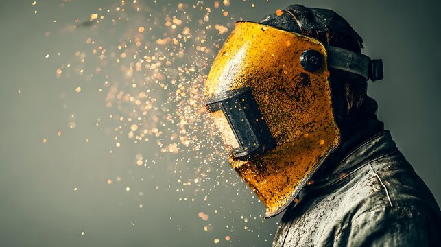 A skilled welder in protective gear, creating sparks in a workshop setting.
