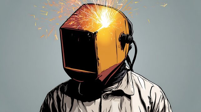 A welder in protective gear, welding a metal object with sparks flying.