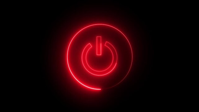 Neon glowing power button icon animated on a black background ,The appearance of the Red neon symbol power off ,alpha channel Premultiplied.