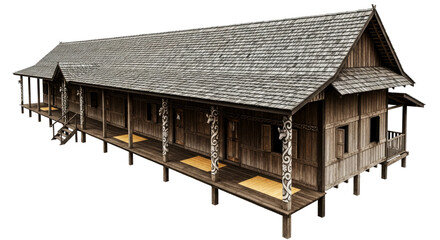 traditional asian longhouse 3d model of exquisite wooden architecture, isolated on transparent background