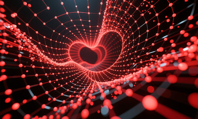 Abstract 3D Red Heart Tunnel with Glowing Spheres