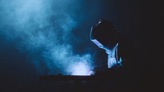 A skilled welder in protective gear welding a metal structure in a workshop setting.