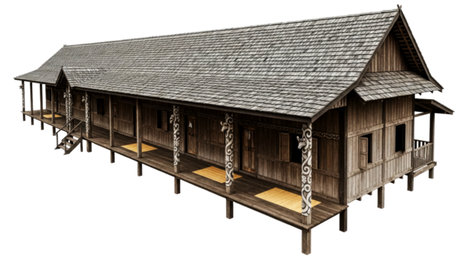 traditional asian longhouse 3d model of exquisite wooden architecture, isolated on transparent background