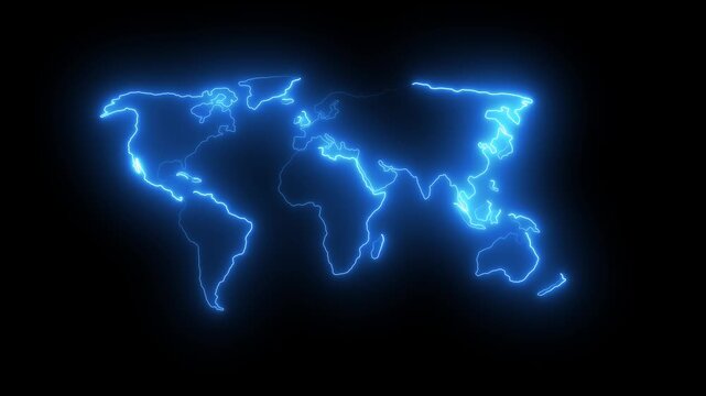 Neon glowing Blue world map icon animation in the black background.