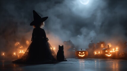 カボチャと蝋燭に囲まれ、月を見上げる魔女と黒猫
