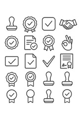Official Approval icons in minimalistic line art style: validation stamp, certified badge, approval mark, handshake symbol, confirmed seal, verified