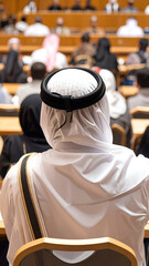 Audience member in traditional Arab dress at a conference.
