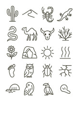 Desert Nature icons in minimalistic line art style: cactus, sand dune, scorpion, lizard, snake, camel, skull, dry bush, desert flower, rock arch, sun,