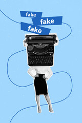 Exclusive image art pop trend collage of anonym girl instead head retro typewriter machine fake news propaganda spam journalist