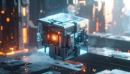 Futuristic digital cube with a glowing core, representing an advanced AI processor and quantum computing technology