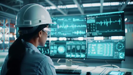 Woman Engineer in White Hard Hat Monitoring Blue Data on Multiple Screens in Industrial Setting - Powered by Adobe