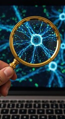 Magnifying glass over a laptop screen displaying a neuron, symbolizing scientific research and technological advancement.
